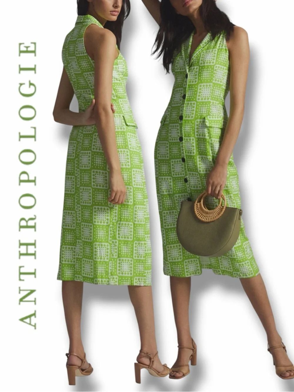 Anthropologie/The Odells Button Front Midi Dress in the Size 0 in Lime Green